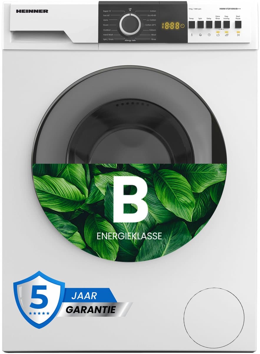 Heinner HWM-VT2914INVB+++ Wasmachine 9 kg – 15 Programma’s Met Anti-Kreukfunctie – Eco Logic & Balance Control-systeem – LED Display – 1400 tpm – Wit – 5 Jaar Garantie — afbeelding 1