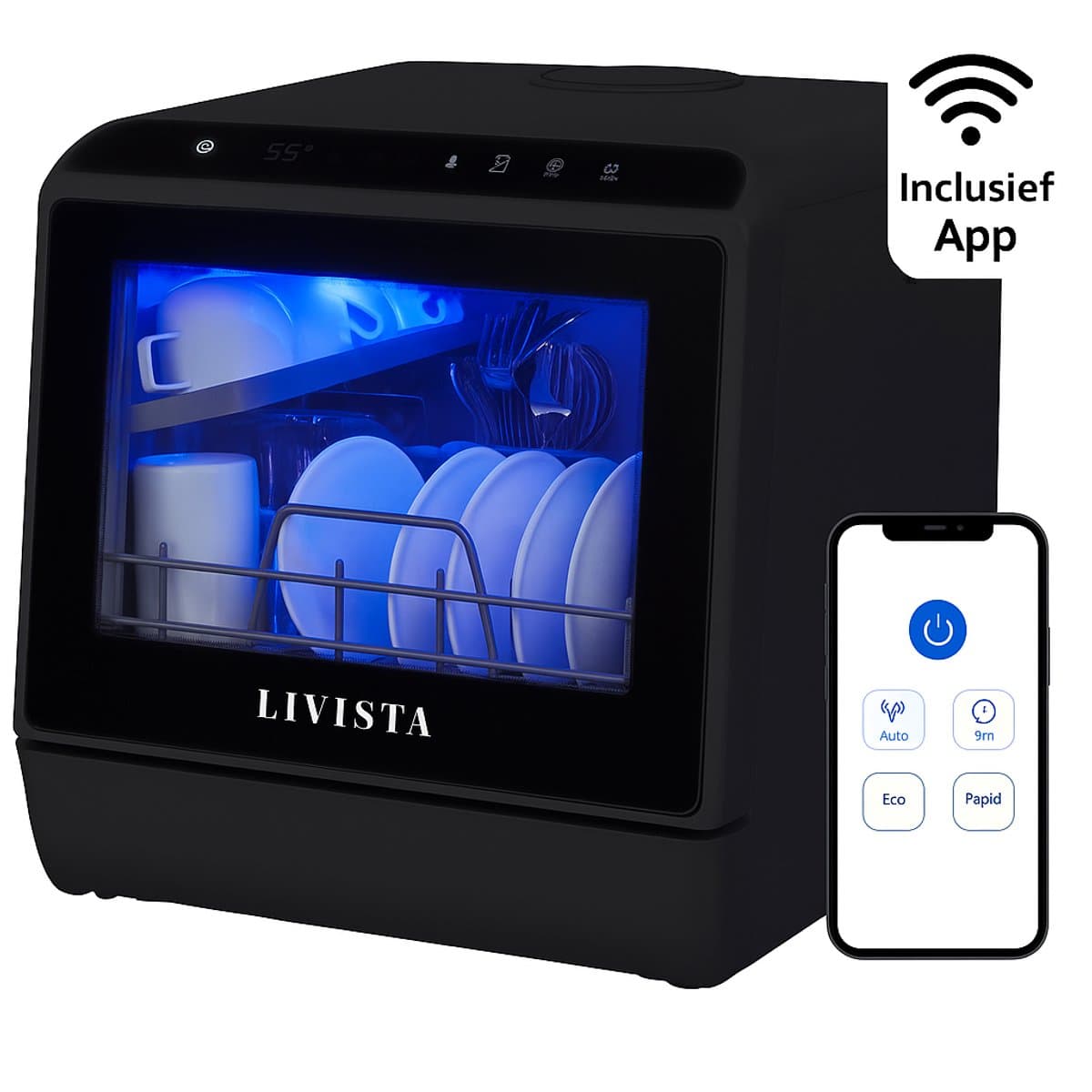 Livista Mini Vaatwasser incl APP - Vaatwasser - Vaatwasser Vrijstaand - Afwasmachine - Camping Vaatwasser - Zwart — afbeelding 1