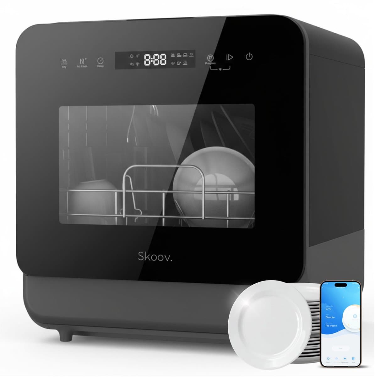 Skoov Mini Vaatwasser met waterreservoir PRO - 3 couverts - 6 wasprogramma's - Kleine smalle vrijstaande afwasmachine - Camping - Zwart — afbeelding 1