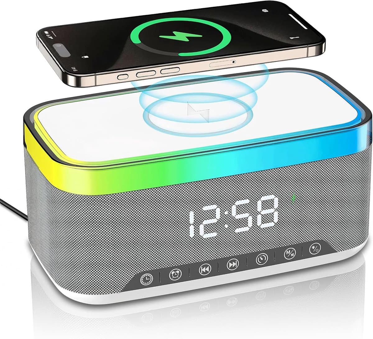 Bluetooth speaker met draadloos opladen en digitale klok, LED display, 15W Qi opladen, 2x10W speaker, 6 sfeerlampen, BT5.3/AUX/TF/USB-wit — afbeelding 1
