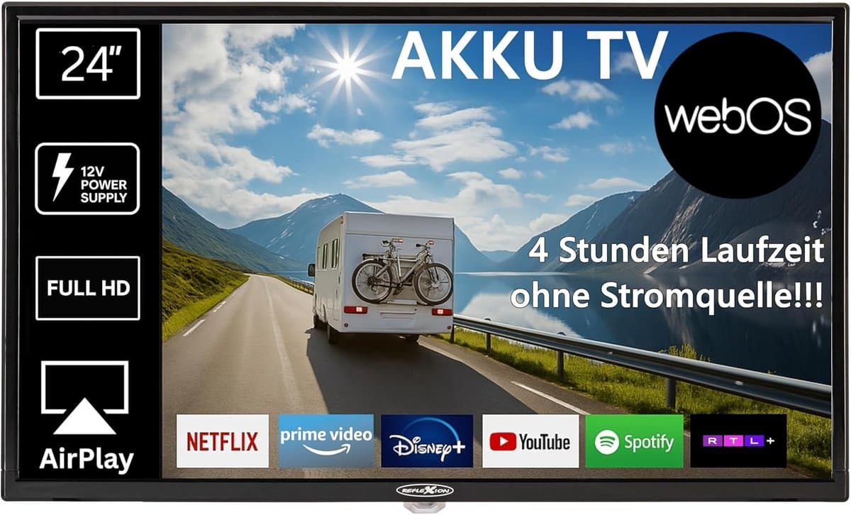 24 Inch Smart LED Televisie met accu, Full HD, voor Camping, Caravan en Boot — afbeelding 1