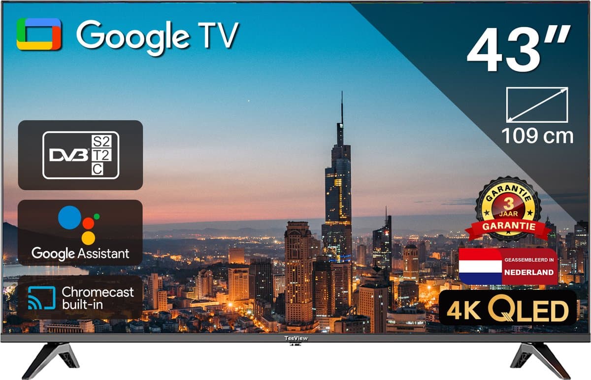 Google Smart TV | TeeView 43 inch QLED TV, 4K Ultra HD Google TV | 3xHDMI 2x USB | Ci+ | Triple Tuner DVB-T/T2/S/S2/C | Frameless Design | in Eindhoven geassembleerd | TV43QQG-EU — afbeelding 1