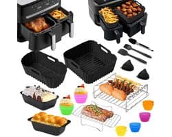 Airfryer Accessoires Set 28-delig – Geschikt voor Tefal EY9018 Dual Easy Fry, Tower T17099, Salter EK5729 – Dual Basket 3,1L & 5,2L – Inclusief Siliconen Bakvormen & Spiesen