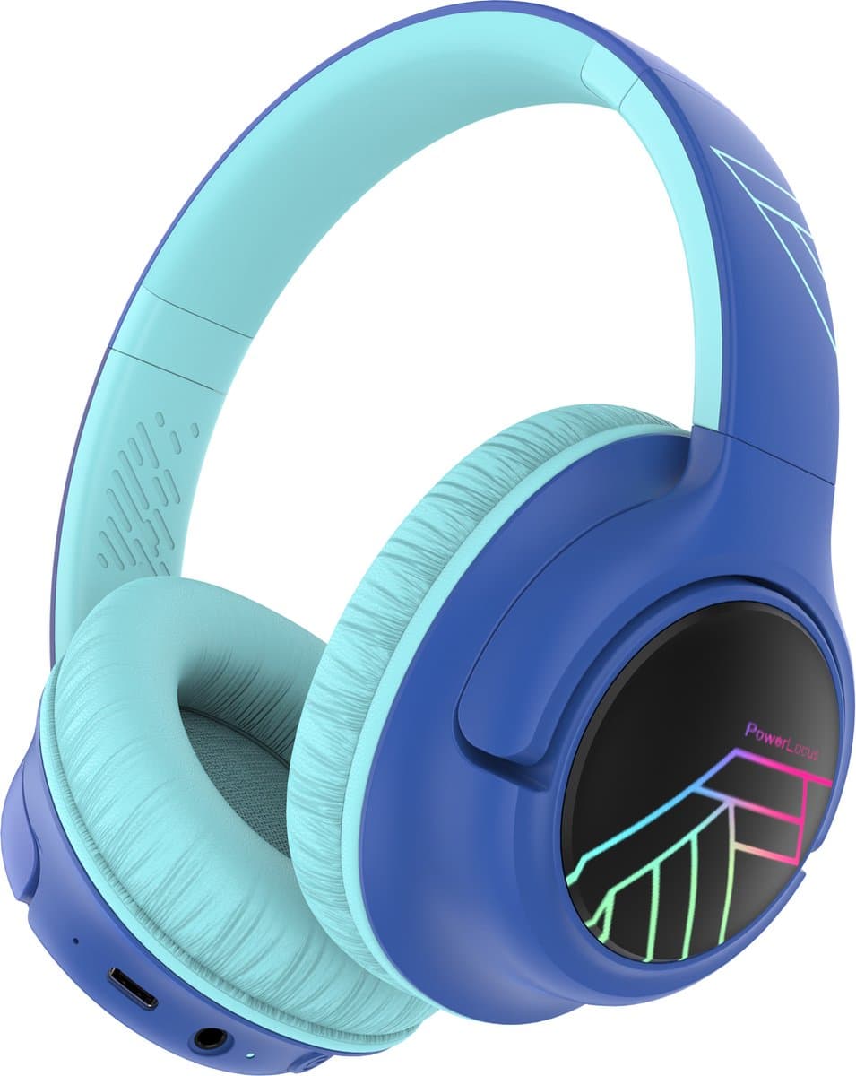 PowerLocus Bobo - Draadloze Koptelefoon voor Kinderen - Bluetooth koptelefoon - 74/85/94dB Volumebegrenzing - Led Verlichting - Audio Sharing Functie - Blauw/Zwart — afbeelding 1