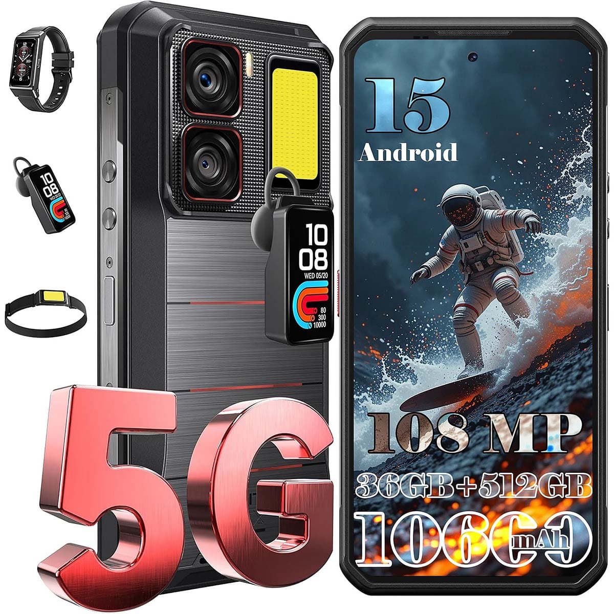 Oukitel WP300 Robuuste Smartphone 5G - IP68/IP69K Outdoor Telefoon - 12GB RAM - 128GB ROM - 16000mAh 120Hz - 6,8 inch FHD+ scherm - Met Afneembare Module Oortelefoon, Kamplampje - Zwart — afbeelding 1