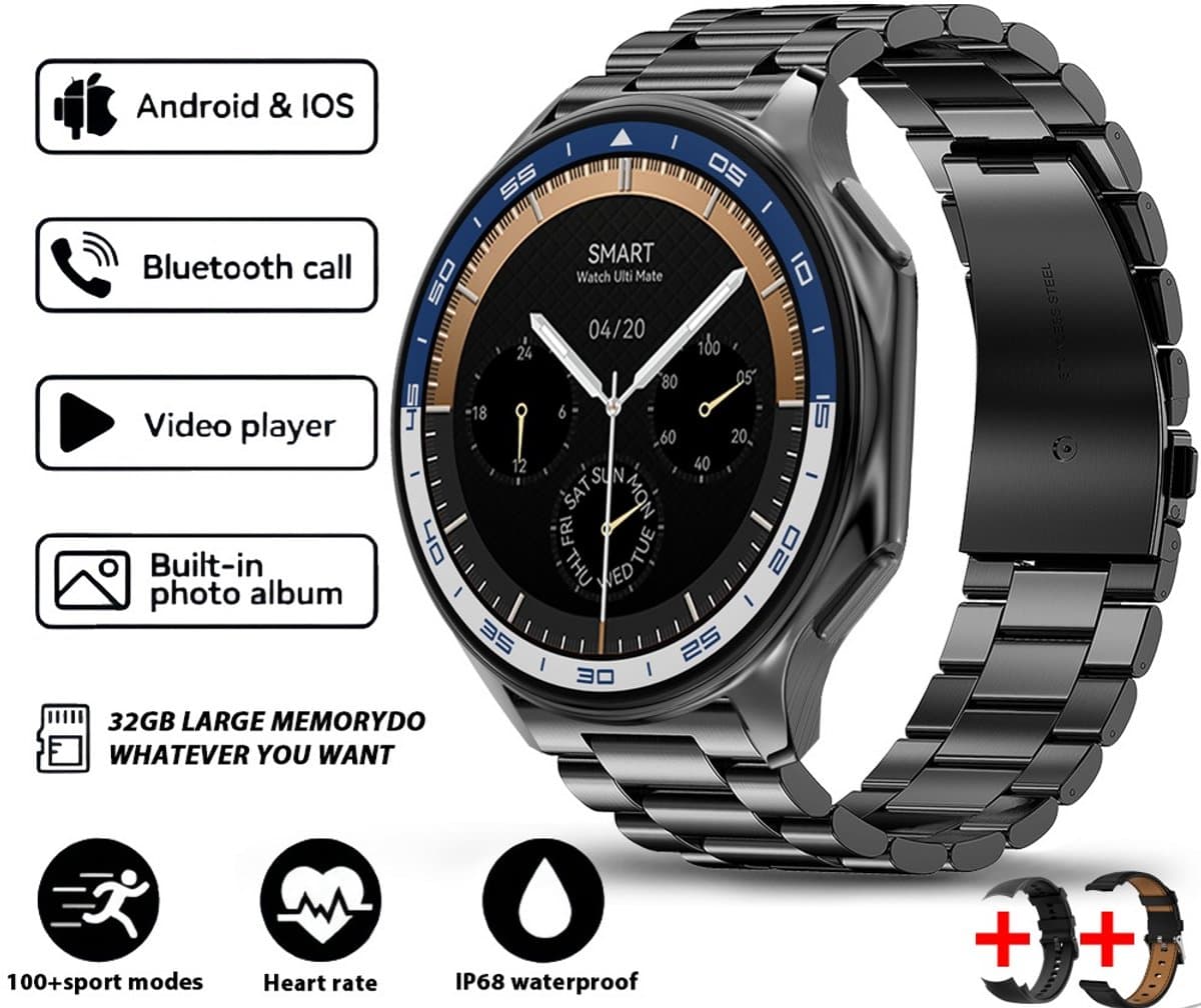 Knobbout 1.43 inch AMOLED-scherm met 3D-ontwerp Smartwatch - Slimme opnamefunctie- 4 GB interne opslag - MP4-video-ondersteuning - Nieuwste ATS3085S Gen 2-chipset - Ingebouwde kompasfunctie - Zwart staal+ zwart lederen + blauwe siliconen horlogeban — afbeelding 1