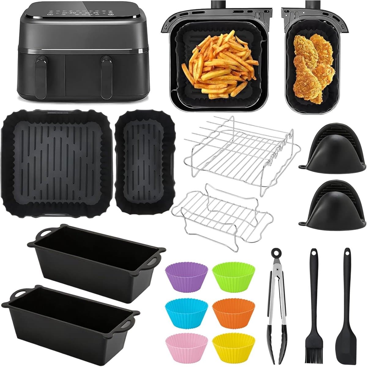 Heteluchtfriteuse accessoires geschikt Voor Philips Dual Basket Airfryer 3000-serie 6L/3L - 22 stuks Airfryer siliconen vorm accessoireset - grillrooster, cake broodvorm geschikt voor Philips Airfryer Dual Basket 3000 Series NA350 — afbeelding 1