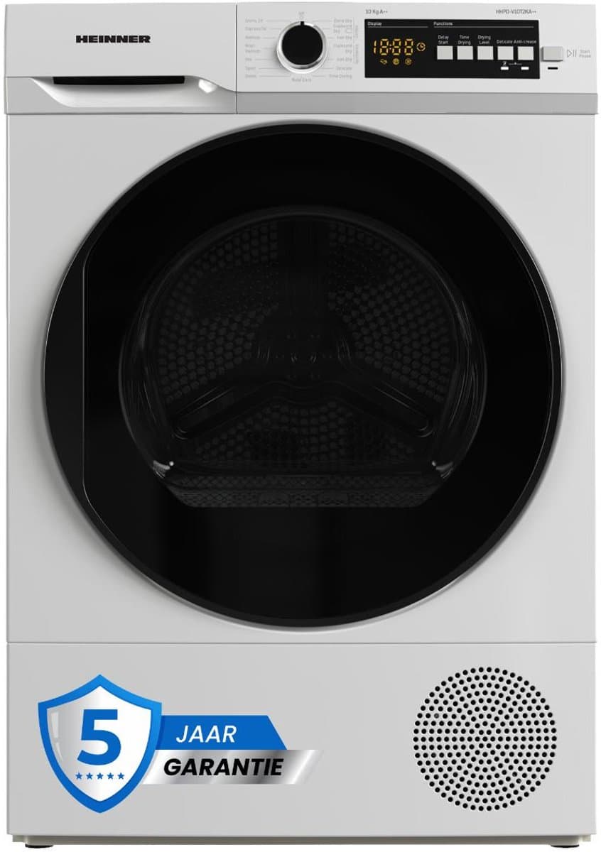 Heinner HHPD-V10T2KA++ Warmtepompdroger 10 kg – 15 Droogprogramma’s – Digitaal Display – Anti-kreukfunctie – Omkeerbare Deur – Kinderslot – Wit – 5 Jaar Garantie — afbeelding 1