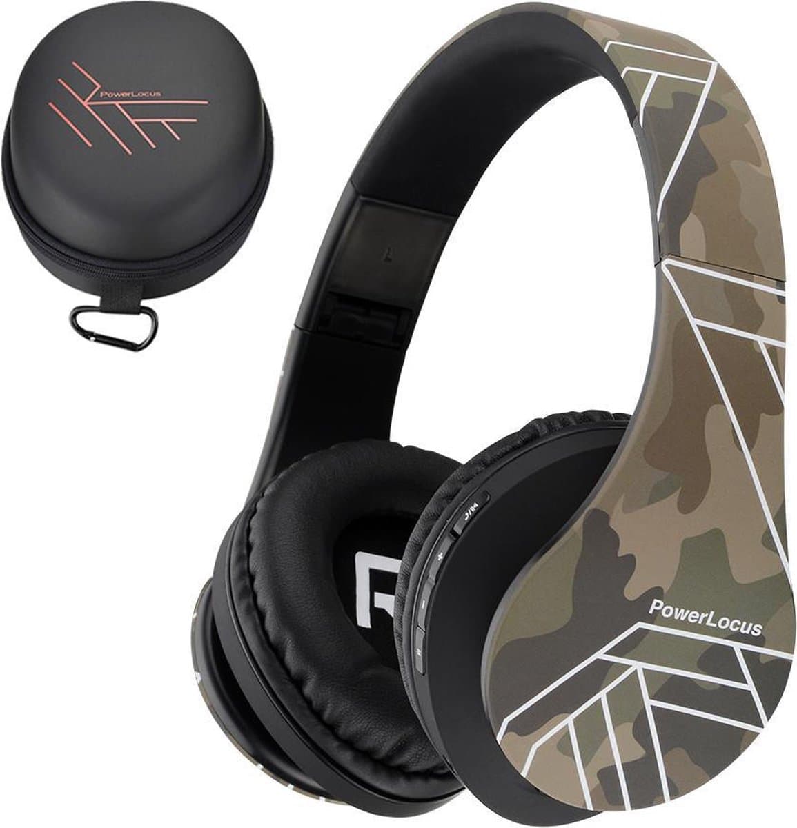 PowerLocus P2 - Draadloze Over-Ear Koptelefoon Inklapbaar - Bluetooth Hoofdtelefoon - Met microfoon – Headphone - Micro SD mode – Incl. Carry Case – Camouflage — afbeelding 1