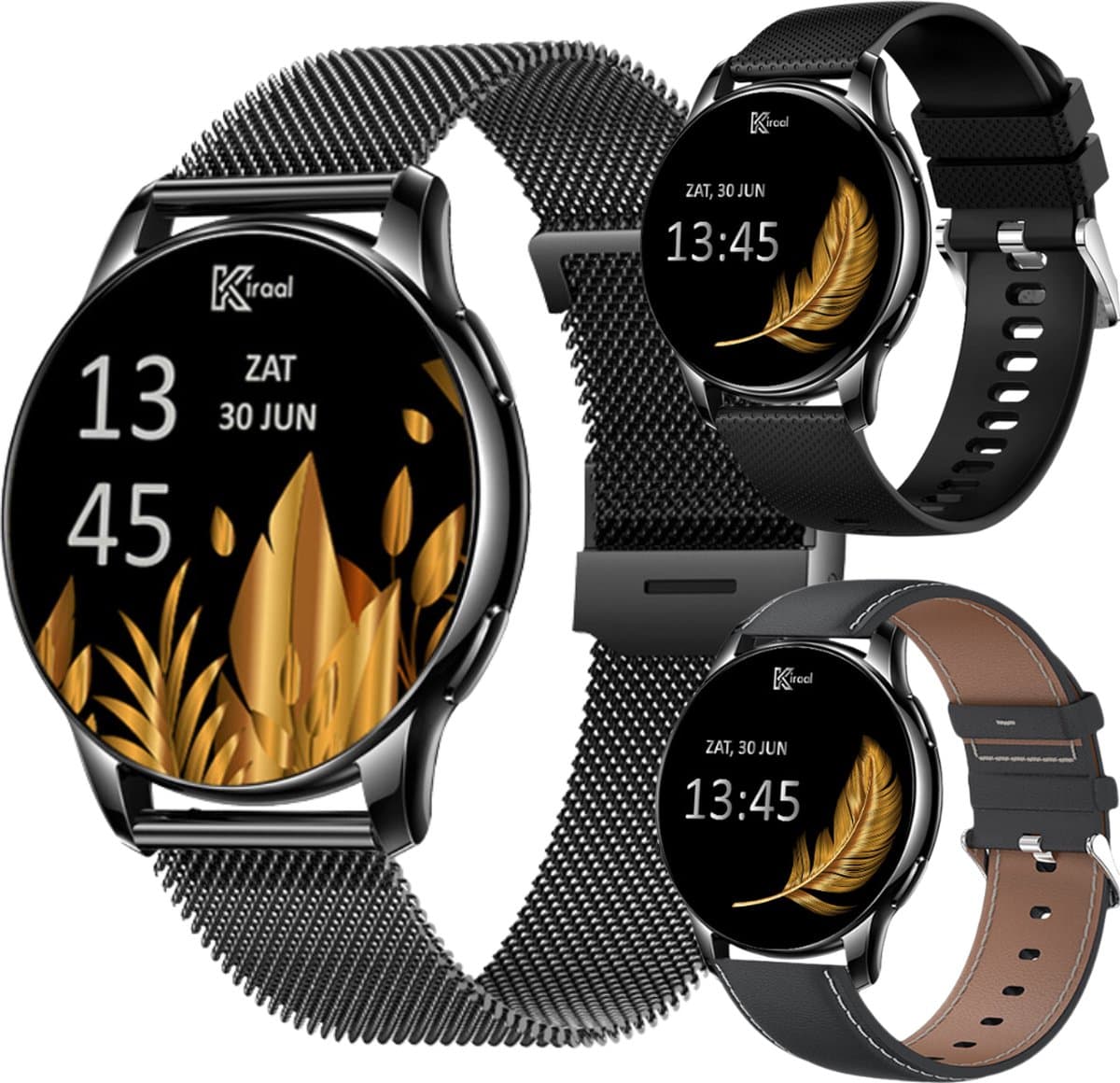Kiraal Valencia AMOLED Smartwatch voor Dames - RVS, Lederen en Siliconen Bandje - Hartslagmeter - Stappenteller - Slaapmonitor - Multisport - Compatibel met Android en iOS - Zwart — afbeelding 1