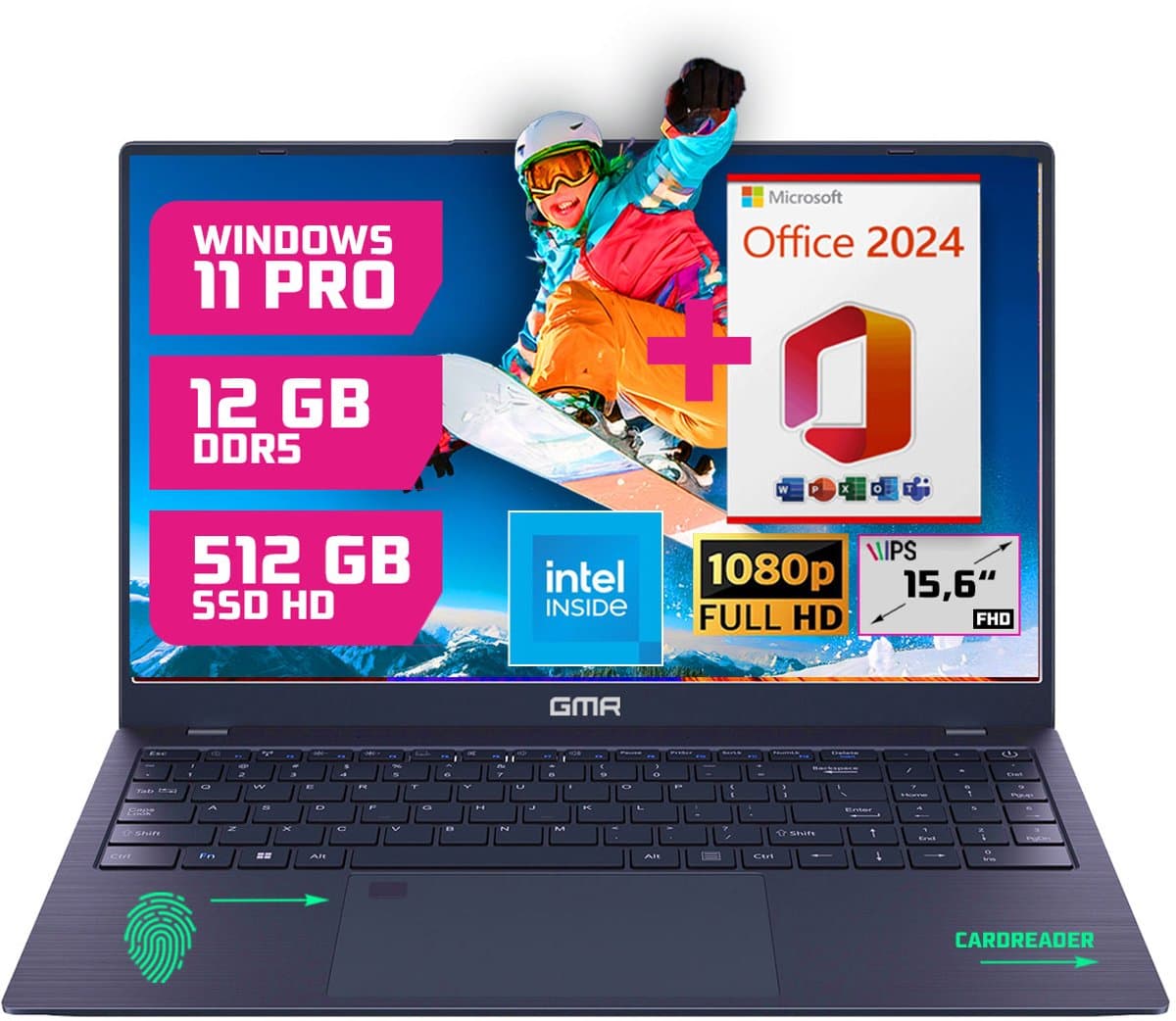 GMR - 15.6 Inch Full HD Laptop - Intel N95 - 12GB DDR4 RAM - 512GB SSD - Office 2024 - Windows 11 Pro voor Thuis, Office en Studie notebook — afbeelding 1