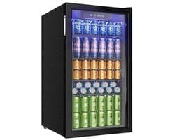 Norvia - Drankenkoelkast 90L - Glazen Deur - Voor 126 Blikjes - Verstelbare Planken - Zwart - Stille Werking - LED Verlichting