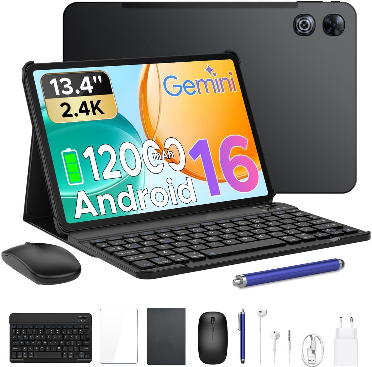 POCKAM P13 Tablets - 48 GB RAM 128 GB ROM - 13,4 inch 2,4K 120 Hz - Android 16 - Gemini AI - 12000 mAh/18 W - Face ID - Widevine L1 - 13 MP + 8 MP camera - Dubbele luidsprekers - Tablet met toetsenbord en pennenhouder - Zwart — afbeelding 1