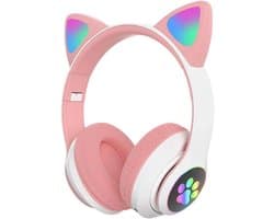 longziming Draadloze Kinder Koptelefoon – Cat Headphones met LED Oortjes – Bluetooth Hoofdtelefoon– Bluetooth 5.0 – Licht Groen – Met Verlichting – Opvouwbare opbergruimte – Roze