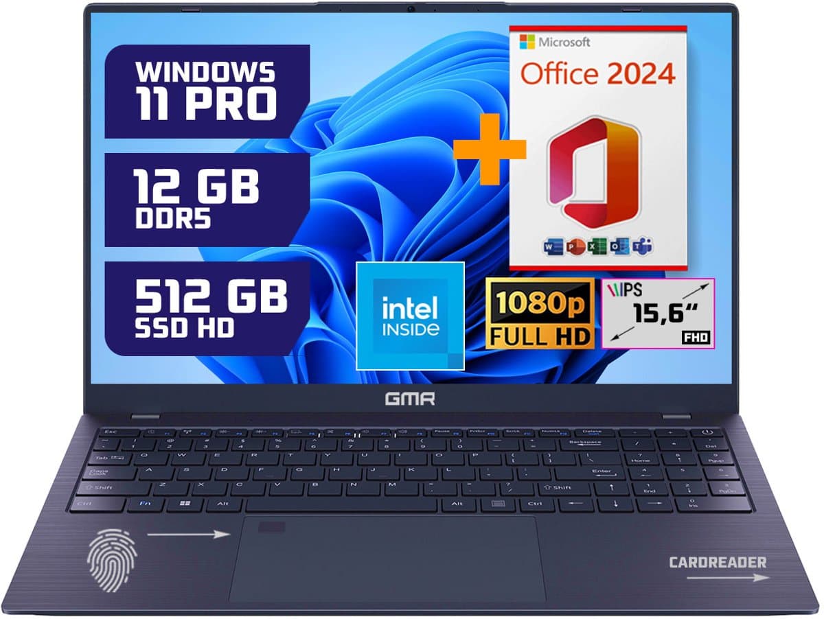 GMR 15.6" Full HD Laptop - Intel N95, 12GB RAM, 512GB SSD, Windows 11 Pro & Office 2024 - Ideaal voor Thuisgebruik, Kantoor & Studie — afbeelding 1