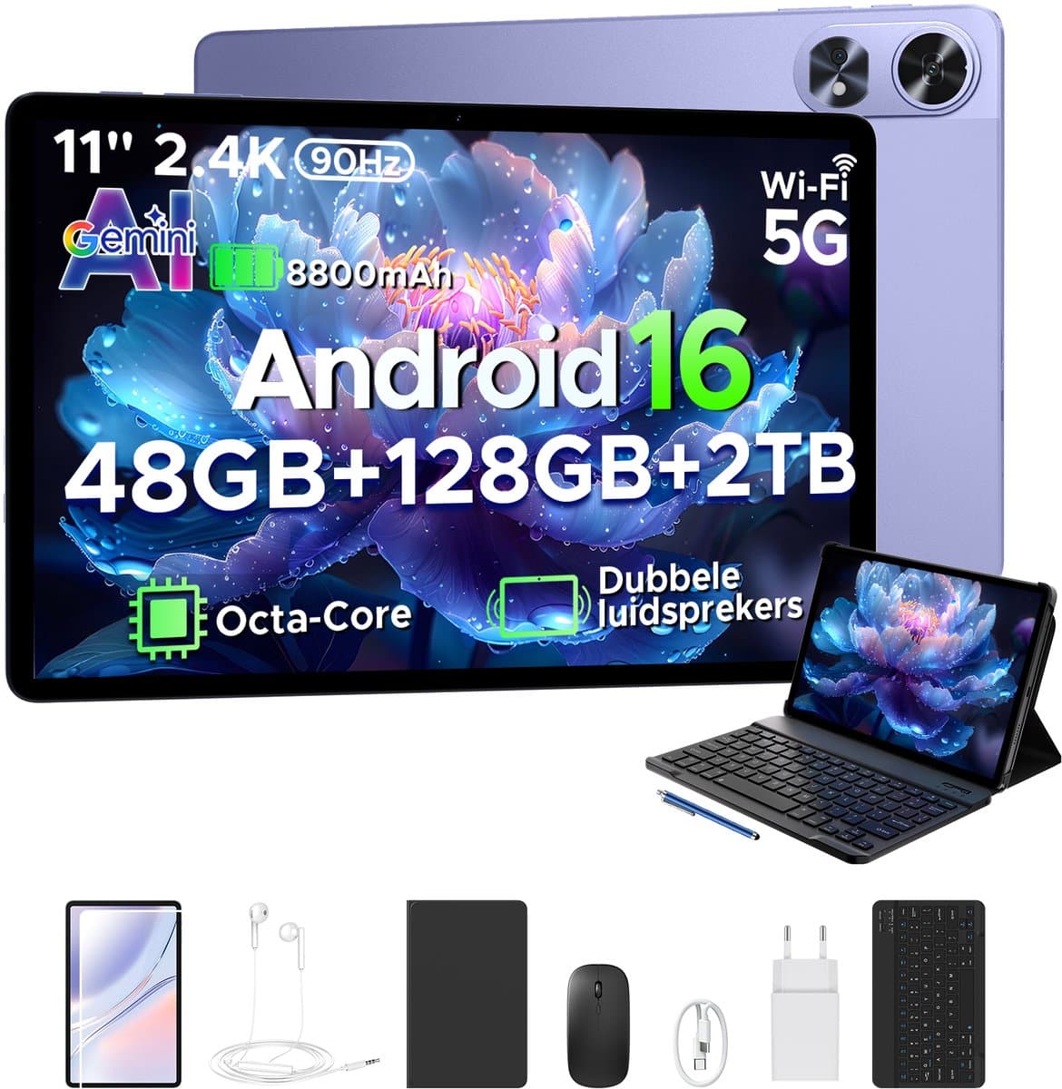 POCKAM P11 Pro - Tablet - 48 GB RAM (8+40 GB) + 128 GB ROM (2 TB/TF) - 11 inch FHD+ 90 Hz - Android 16 - 8800 mAh/18 W - T7250 - Dubbele luidsprekers - Gemini AI - Face ID - Widevine L1 - Complete accessoirebundel met toetsenbord en stylus - Paars — afbeelding 1