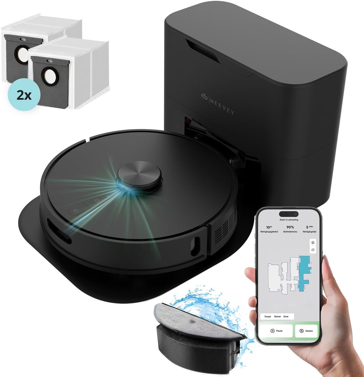 Heevey Robotstofzuiger met dweilfunctie - Automatisch leegstation - Vacuum cleaner - Dweilrobot - Huisdieren - 7000PA zuigkracht - LDS lasernavigatie - Dweilrobot - 2 extra stofzuigerzakken - Met app — afbeelding 1