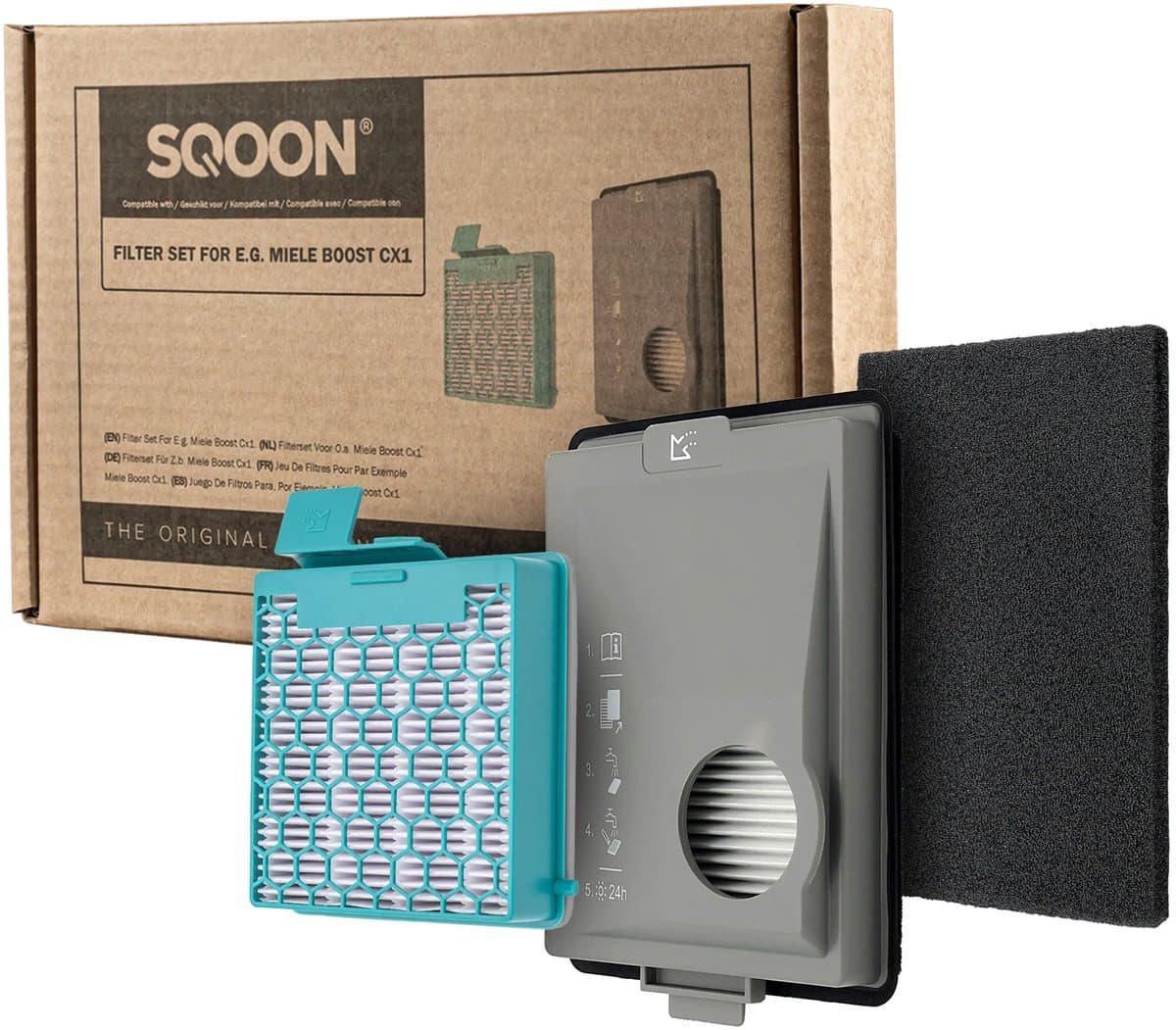 SQOON® 3-delige filterset geschikt voor Miele Boost CX1 - Model 11639240, SF-HY 60 en 11639250, CX-FSF | HEPA Stofbakfilter + HEPA uitblaasfilter — afbeelding 1
