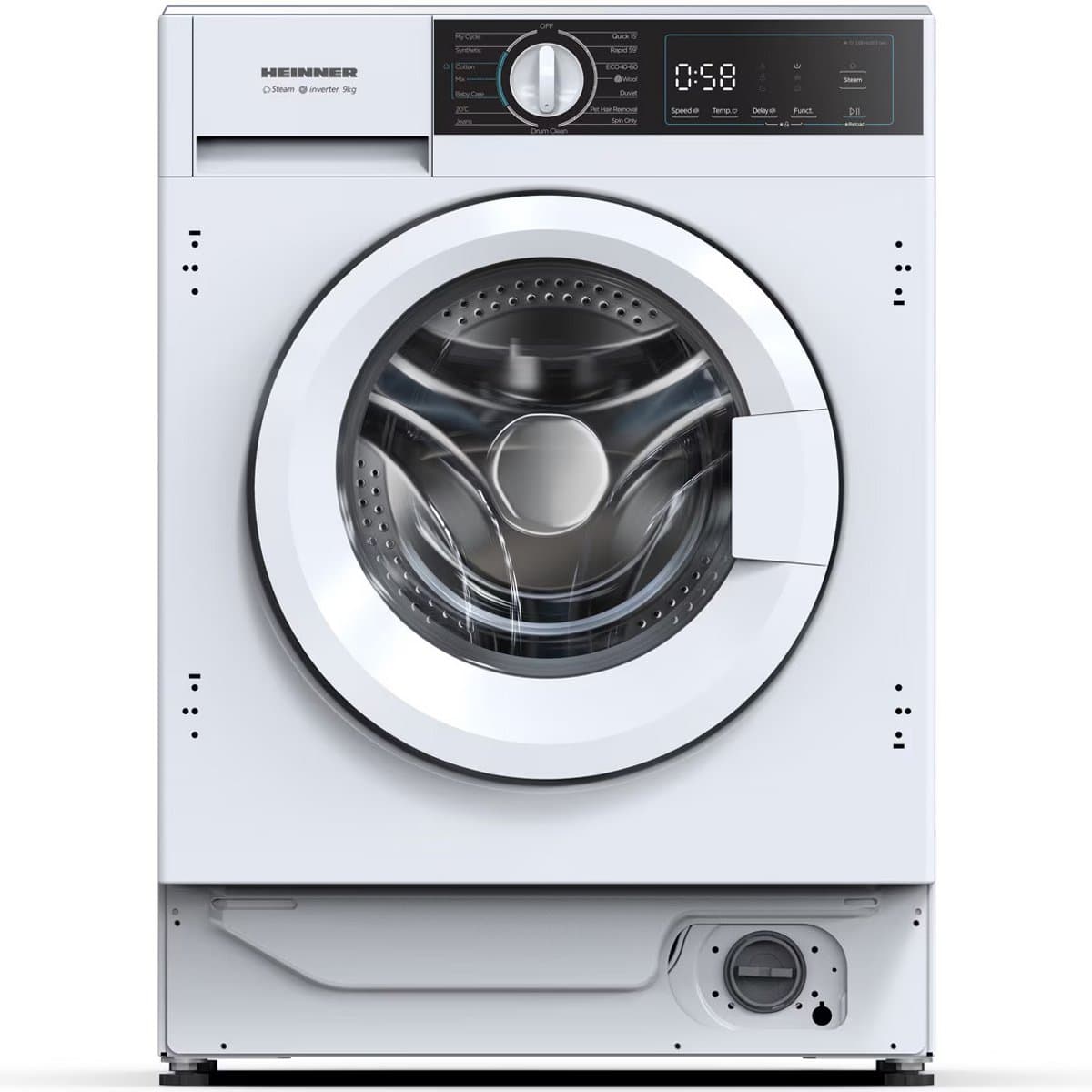 Heinner HWM-BI914IVA+++ Inbouwwasmachine 9 kg – 1400 tpm – Inverter Motor – Energieklasse A – 15 Programma’s met Stoomfunctie – Trommelreiniging – Wit – 5 Jaar Garantie — afbeelding 1