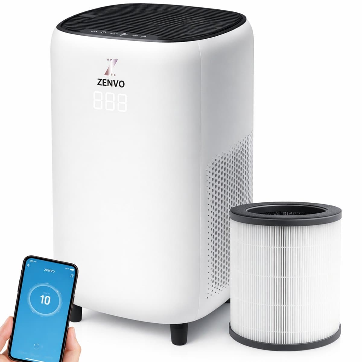 Zenvo Luxe Luchtreiniger met Wifi & App – HEPA 13 Filter – 360 m³/u – Tegen Allergie, Hooikoorts & Huisstofmijt – Air Purifier – Wit — afbeelding 1
