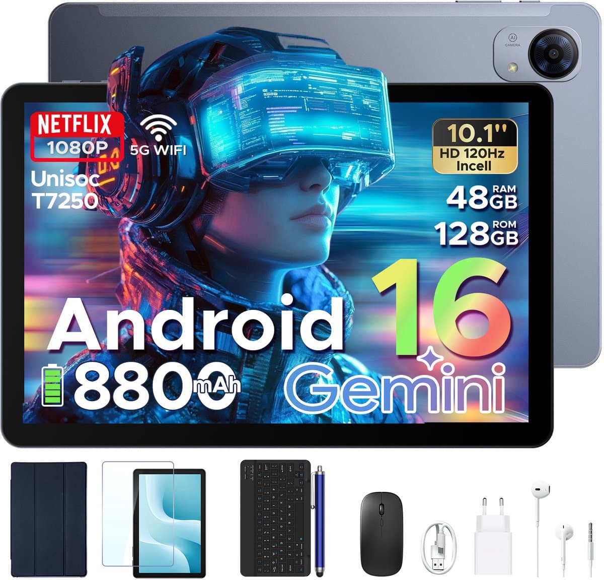 POCKAM P10 Pro - Tablet - 48 GB RAM (8+40 GB) + 128 GB ROM (2 TB/TF) - Android 16 - 10,1 inch HD 120 Hz - 8800 mAh - Gemini AI - T7250 Octa Core - Face ID - Dubbele luidsprekers, complete accessoirebundel met toetsenbord en stylus — afbeelding 1