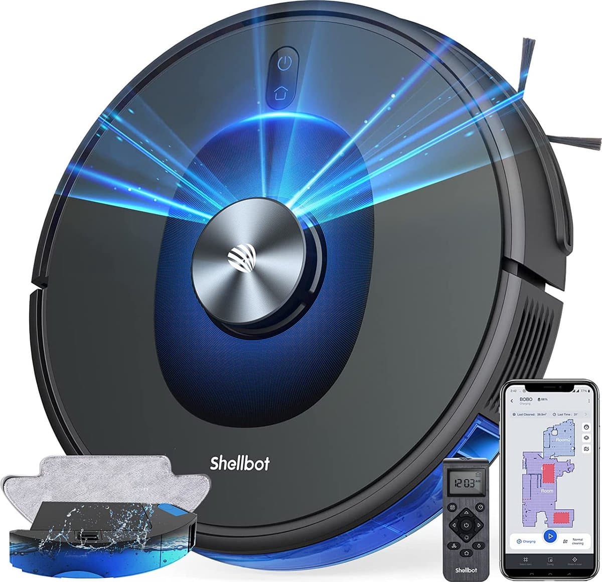 Bagotte Shellbot SL60 Robotstofzuiger met Dweilfunctie, 2-in-1 Self-charging Shellbot SL60 Robot Vacuum Cleaner, Laser Lidar Navigatie met Camera, 4000Pa Sterke Zuigkracht, 200 Mins+ Runtime, App No-go Zone, Compatibel met App,Alexa, Google Assistant — afbeelding 1