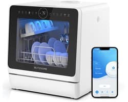 BLITZHOME Vaatwasser BH-4-CDW – compacte tafelmodel, 5L, 8 programma’s, 360° sproeiarmen, hete-lucht droging, app-besturing, kinderslot, EU-stekker