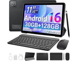 11 inch Tablet – 128GB opslag – 7800 mAh batterij – Android 16 – WiFi 6 – Tablet met Toetsenbord, Muis & Pen, Hoesje - Zwart