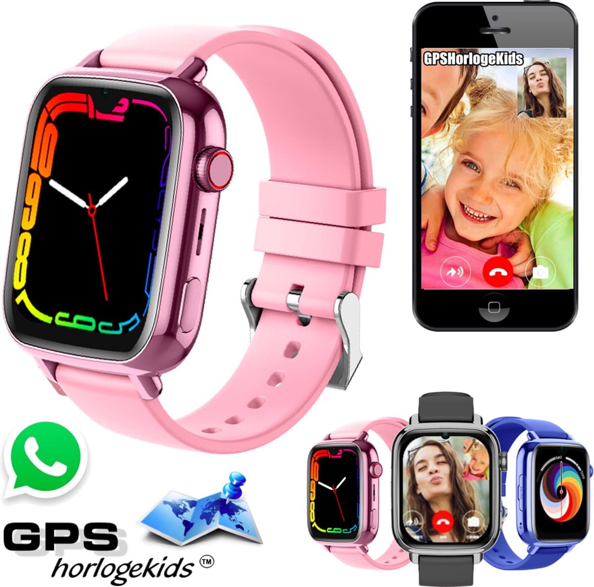 GPSHorlogeKids© - GPS horloge kind - smartwatch kinderen - WhatsApp - 4G videobellen - SOS alarm - TikTok - Google Assistant - facebook - smartwatch kind - nieuw 2025 - incl SIM – model Flux Roze — afbeelding 1