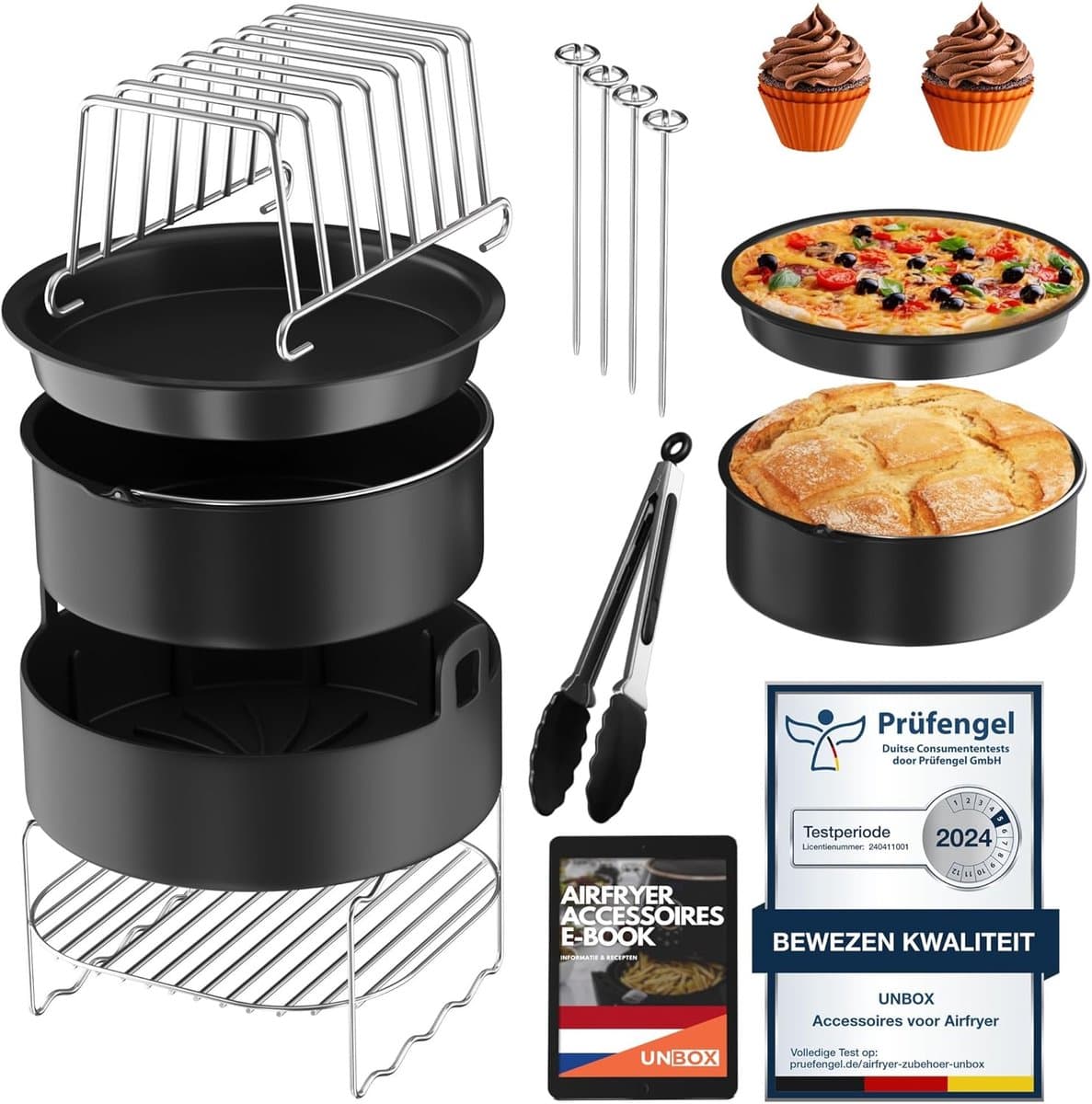 Airfryer Accessoireset – 15-delige ronde heteluchtfriteuse accessoires, geschikt voor COSORI 4,7L, Philips 6,2L, Tefal 4,2L – Inclusief siliconen bakvorm & e-book — afbeelding 1