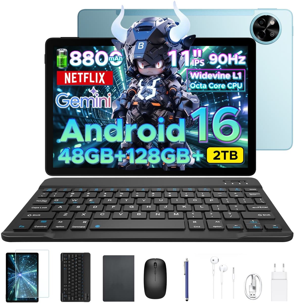 Aorlym P11 Tablet - 48GB RAM+128GB ROM/TF 2TB - Android 16 - 11 inch tablet 90Hz - T7250 - 8800mAh - 13MP+5MP - Gemini AI - Widevine L1 - Face ID - 5G WIFI - Dubbele luidsprekers - Pen, toetsenbord, muis - Blauw — afbeelding 1