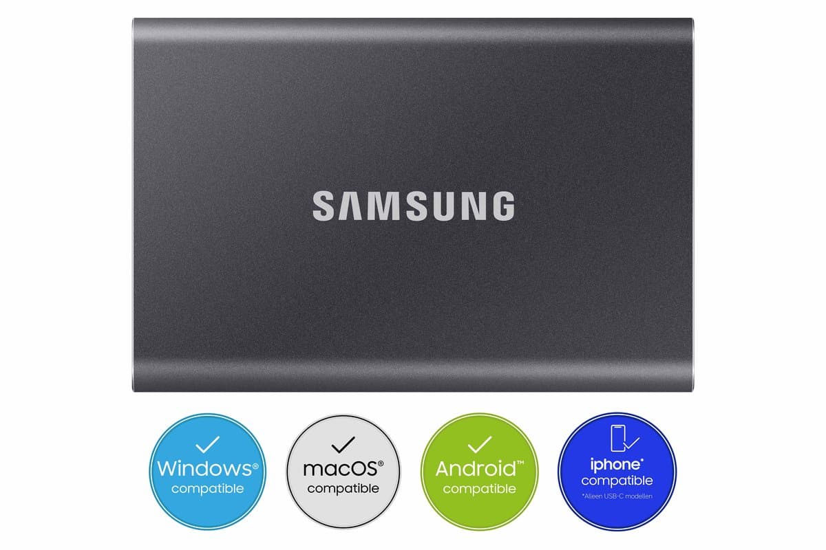 Samsung Portable T7 - Externe SSD - USB C 3.2 - Inclusief USB C en USB A kabel - Geschikt voor iPhone USB C - 1 TB - Grijs — afbeelding 1