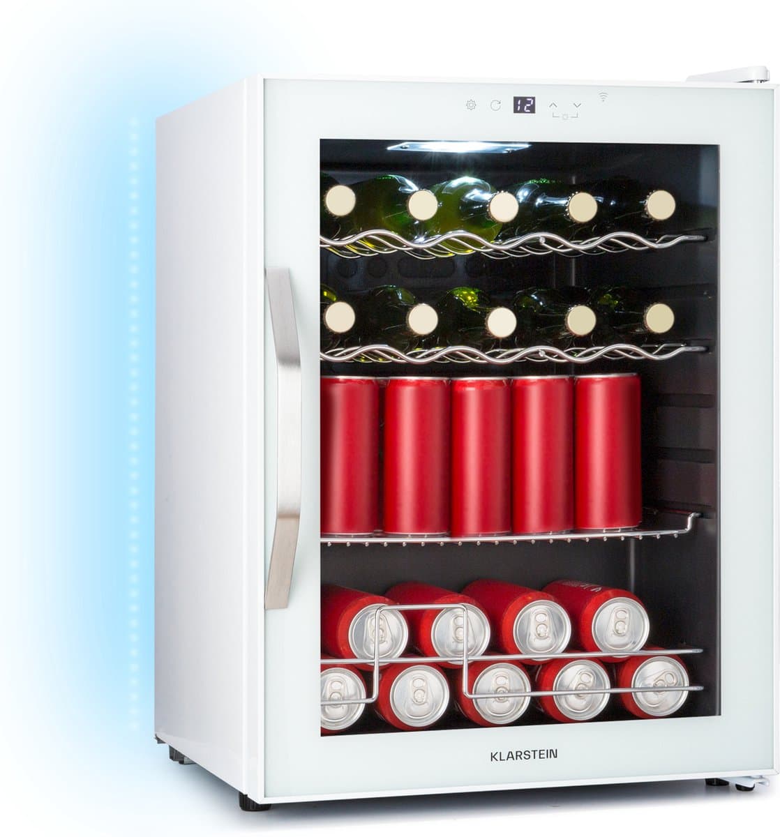 Klarstein Drankkoeler Coachella 60 Drankenkoelkast - 60 liter met wifi, glazen deur, LED-binnenverlichting, 3-18 °C, 7 lichtkleuren, 3 metalen schappen, energie-efficiëntieklasse E, wit - Drankkoelkast - Touch - RVS - Drankenkoeler — afbeelding 1