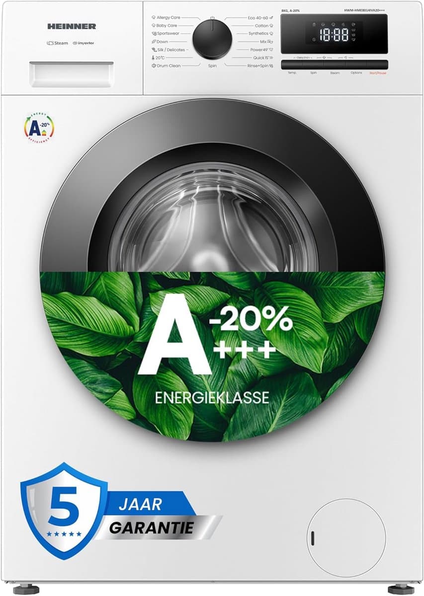 Heinner HWM-HME8014IVA20+++ Wasmachine - 8 kg - 1400 tpm - Energieklasse A-20% - Inverter Motor - Stoomfunctie met Allergy Steam & Baby Steam Care - 15 Programma's - Quick Wash 15 min - Wit - 5 Jaar Garantie — afbeelding 1