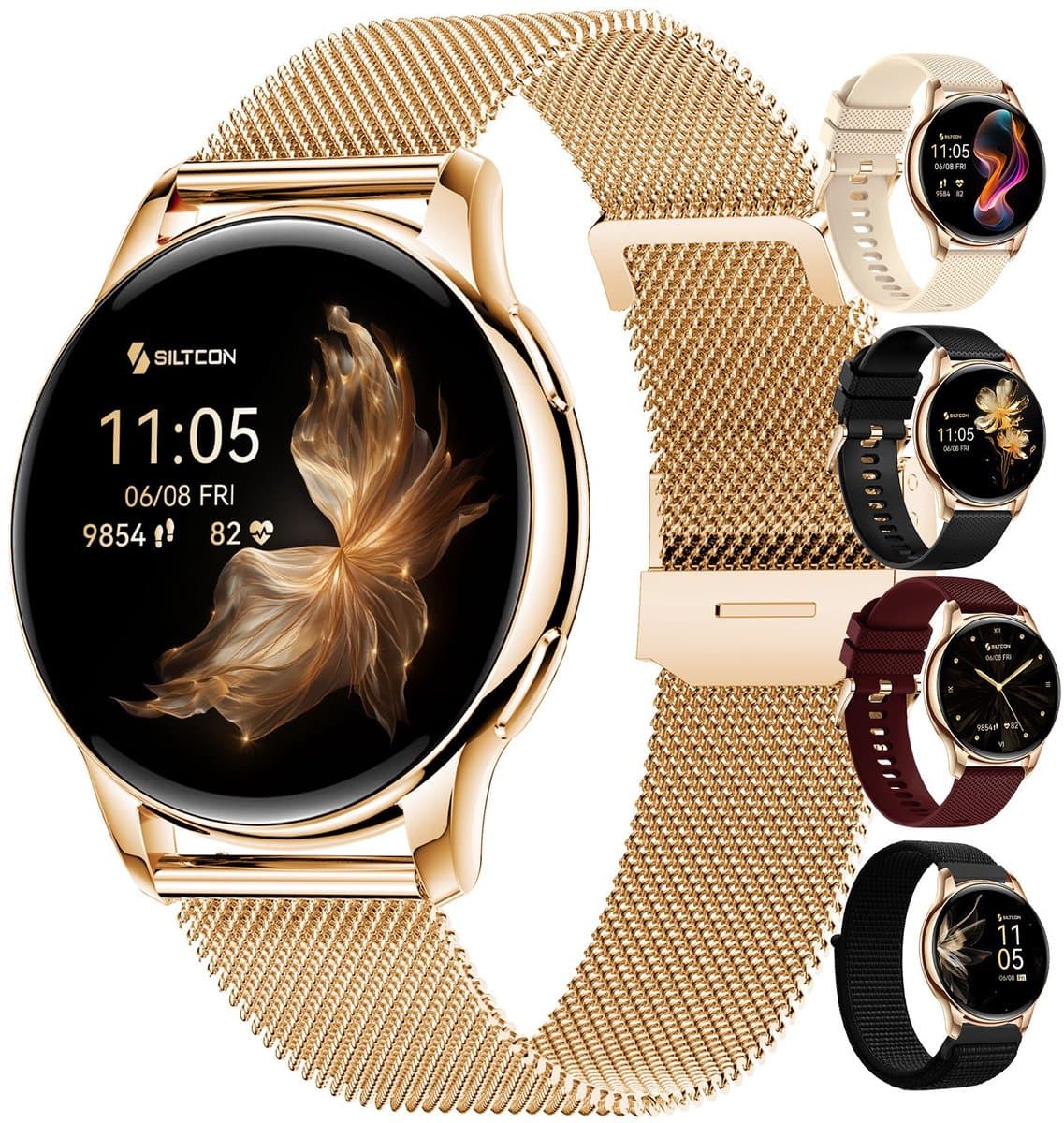 Siltcon® Auréa Smartwatch Dames - Horloge Dames - Stappenteller Horloge Dames - Hartslagmeter - Slaapmonitor - Saturatiemeter - Geschikt voor iOS/Android - AMOLED - RVS - Elke pols - Incl. 5 Bandjes — afbeelding 1