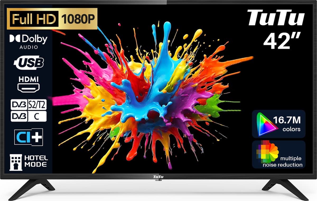 TuTu Standaard TV - LED Full HD - 42 inch/108 cm - Frameles Design - Tripple Tuner DVB-T/T2/S/S2/C - HDMI x2, USB x1, CI+ - Geassembleerd in Eindhoven - TUB42FD1N — afbeelding 1