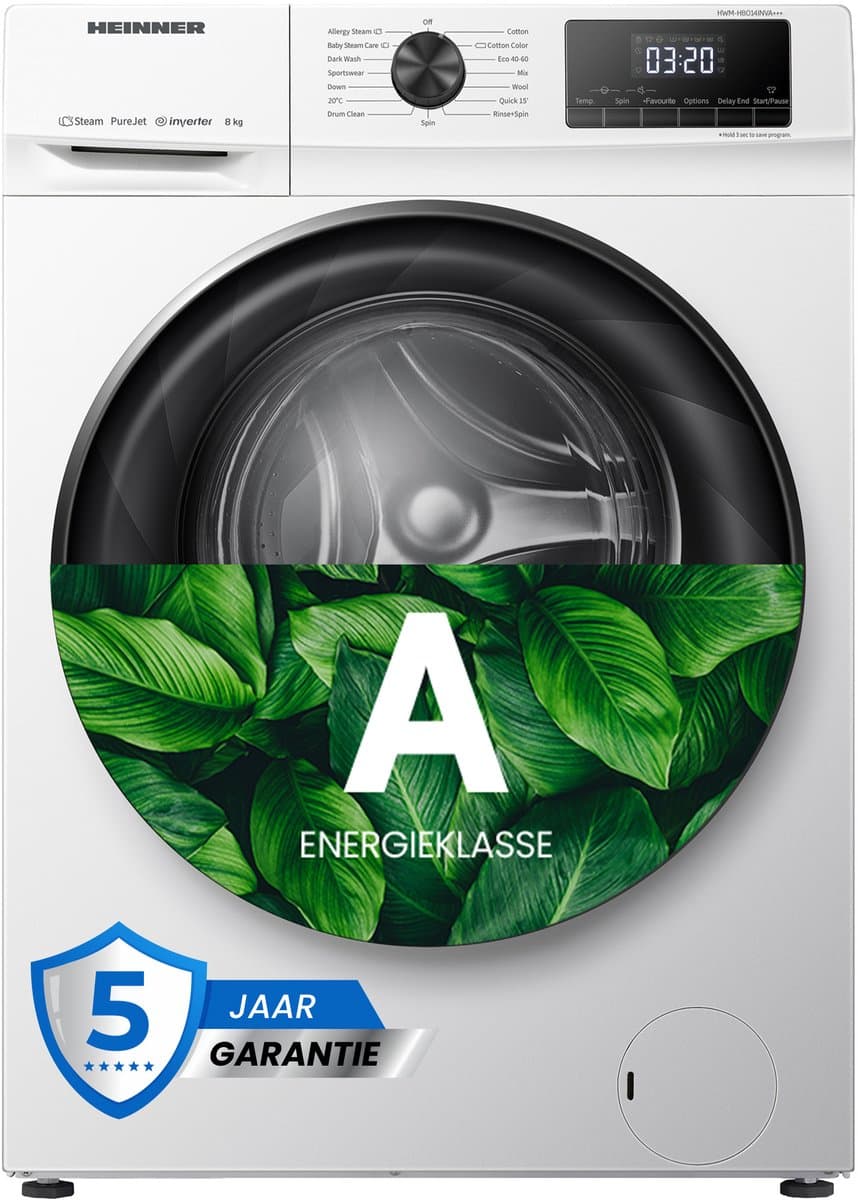 Heinner HWM-H8014INVA+++ Wasmachine 8 kg – 1400 tpm – Inverter Motor – Energieklasse A – 15 Wasprogramma’s met Stoomfunctie – Wit – 5 Jaar Garantie — afbeelding 1