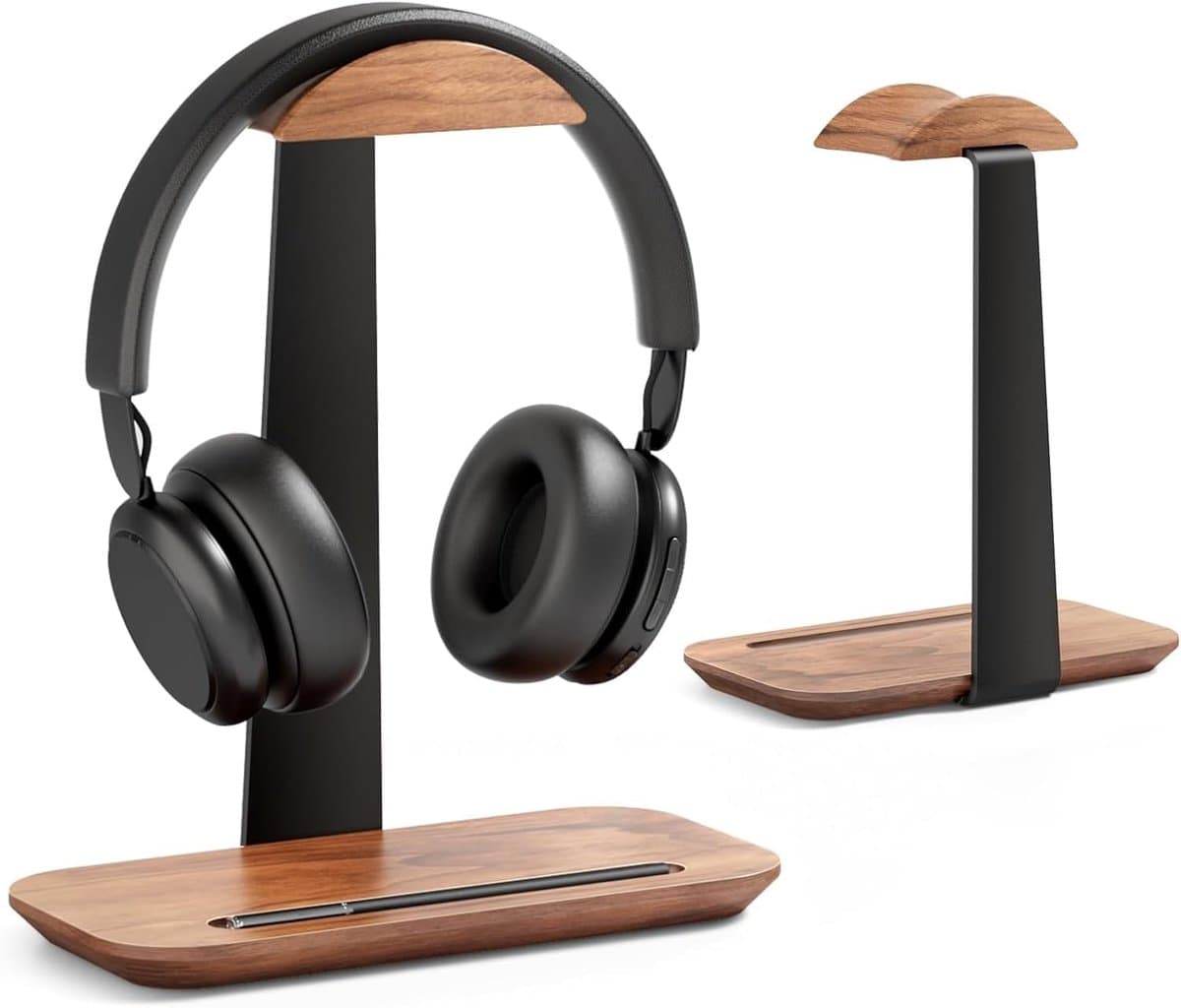 Walnoothout Hoofdtelefoonstandaard, Natuurlijk Houten Desktop Hoofdtelefoonhouder met Opbergbasis, Geschikt voor AirPods Max, Beats, Bose, Sony, Sennheiser, Gaming, enz — afbeelding 1