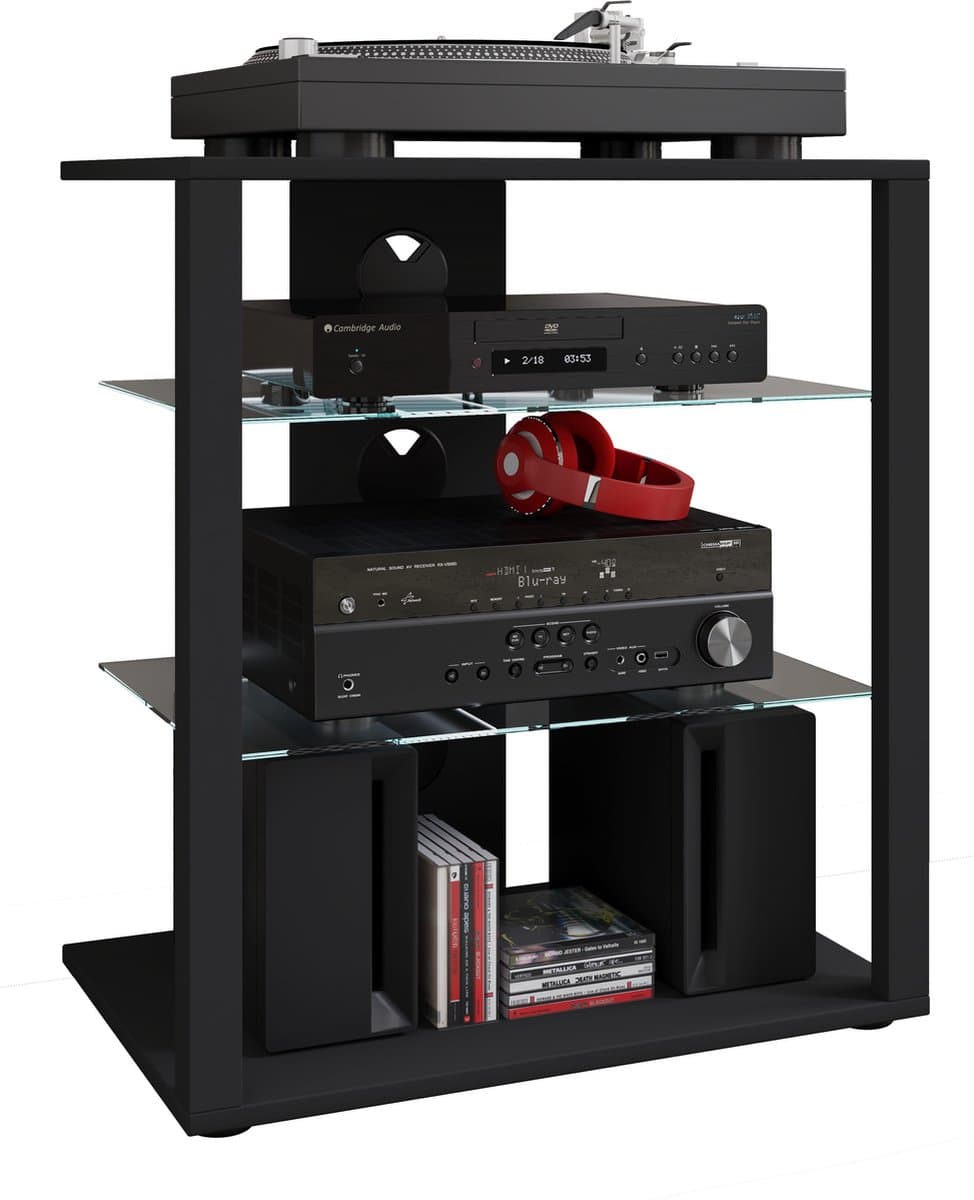 VCM hifi-kasten, platenspelerkast, stereokast, hifi-rekken, routerstandaard, hifi-rekken en -standaards, witte platenspelerstandaard, draaitafelstandaard met opbergruimte voor vinylplaten, platenspelermeubel, glazen tv-meubel, mediameubel — afbeelding 1