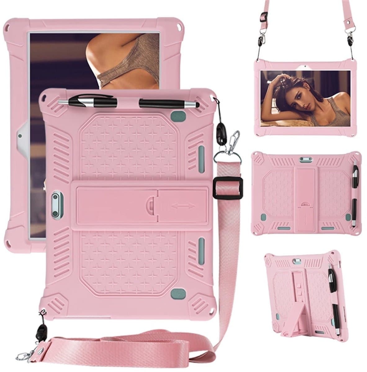 Universele beschermhoes voor 10/10,1-inch Android-tablets, met standaard- en flipfunctie, lichtgewicht en draagbaar, gemakkelijk mee te nemen en te bedienen, geschikt voor 10/10,1-inch tablets, roze. — afbeelding 1