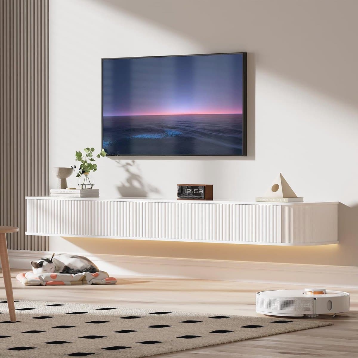 Zwevende TV-kast met RGB LED-lampen - 180 cm, wandgemonteerd, wit, modern ontwerp voor 55-65 inch televisies — afbeelding 1