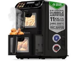 Turbotronic AF510D - Dubbele Airfryer - 11L - Airfryer XXL - Heteluchtfriteuse - Dual Heating - 50ºC tot 200ºC - 6 Kookprogramma's - Zwart