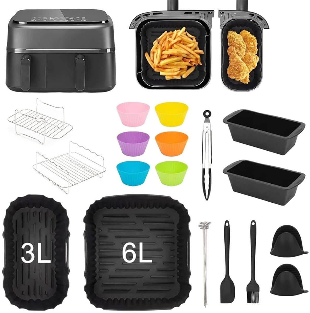 OIMG Vierkante Heteluchtfriteuse Accesoires Set - 18 Stuks - Geschikt voor philips Airfryer Dual Basket 3000 Series NA350 Airfryer-accessoires - Complete Accessoireset - Waaronder siliconenvorm/heteluchtfriteuse-accessoires/grill/broodvormen/tangen — afbeelding 1