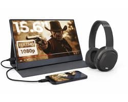 Portable Monitor + Over Ear Koptelefoon - Games / Presentaties / Smartphone / Laptop - Full HD - 15.6" - Draagbare Monitor Scherm - Inclusief AUX / HDMI / Lederen Hoes / USB-C