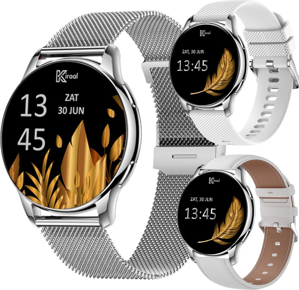 Kiraal Valencia AMOLED Smartwatch voor Dames - RVS, Lederen en Siliconen Bandje - Multisport - Slaapmonitor - Stappenteller - Hartslagmeter - Compatibel met Android en iOS - Zilver en Wit — afbeelding 1