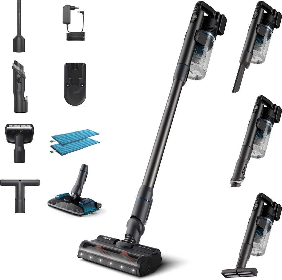 Philips Steelstofzuiger met Dweilfunctie XC8055/01 Aqua Plus - Draadloos en Zonder Zak - Zuigmond met LED Verlichting - Kruimeldief - Batterijduur tot 80 min - Lichtgewicht - Blauw — afbeelding 1