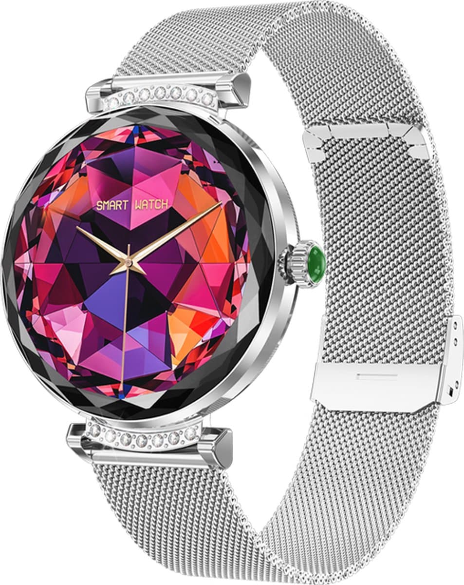 WizBay Premium Select® 1.19inch Smartwatch Dames Heren 1.19inch AMOLED - Android iOS - 14 Zirkonia in Band - Bellen - Magnetic Laden - O2 en Bloeddrukmeter - Sport Modi - Message - Slaap meter - Smartwatches - Zilveren Band - 1 Extra Roze TPU Band — afbeelding 1