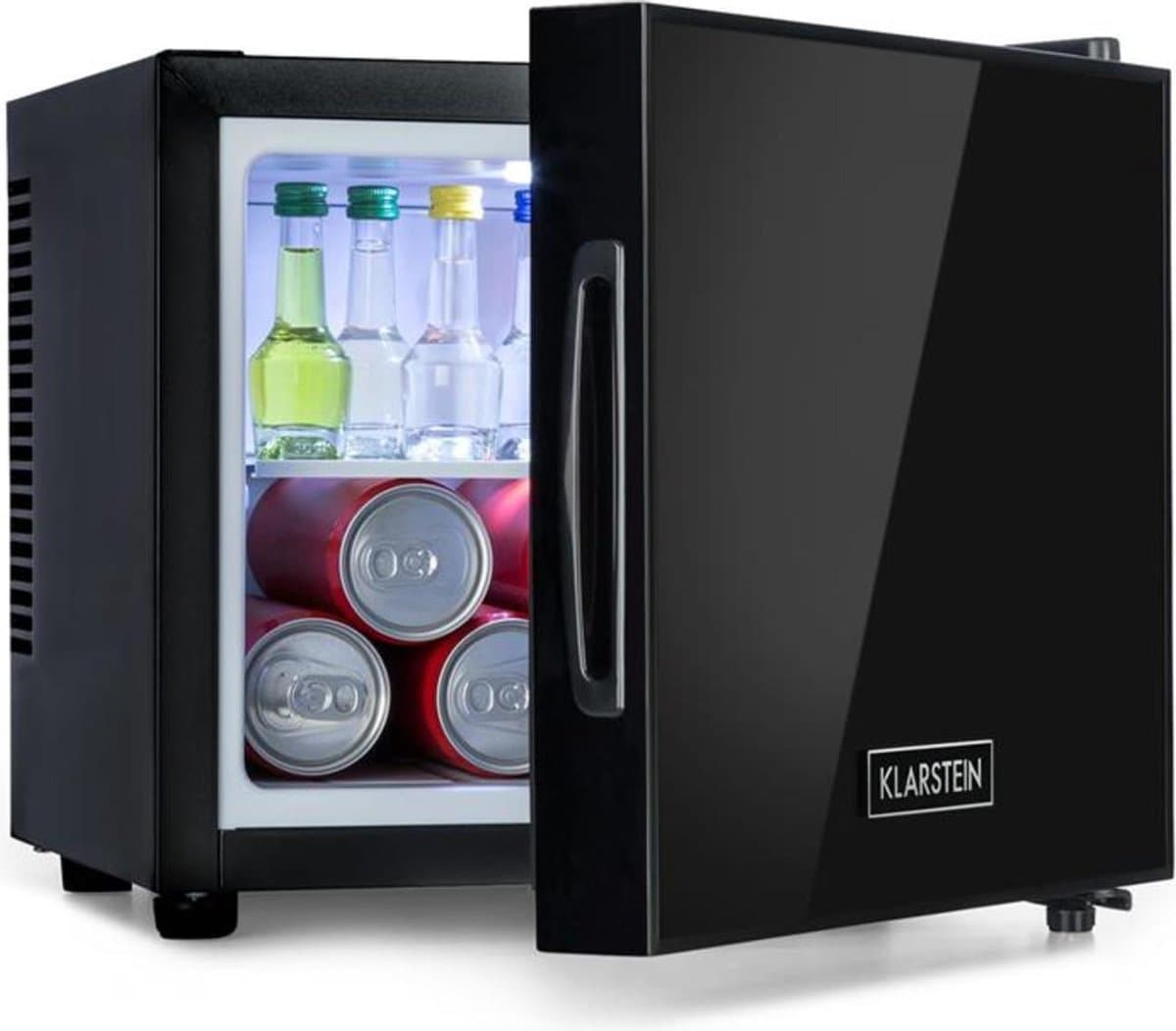 Klarstein Mini-Koelkast Frosty Vrijstaande - 10 Liter - Losse Glazen Bodemplaat - 33dB - Koele Frisheid - Voor Gastkamers Of Slaapkamers - Glansrijk - Thermo-elektrisch Koelsysteem - Spiegelglasdeur - praktisch - Elegant - Zwart — afbeelding 1
