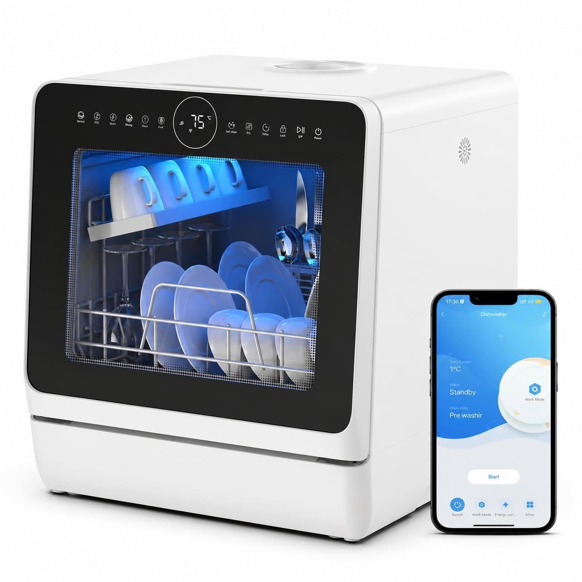 Novari Mini vaatwasser - Vrijstaande afwasmachine - Kleine compacte aanrechtvaatwasser - 8 programma's - 42,5x42,8x45,8 cm — afbeelding 1