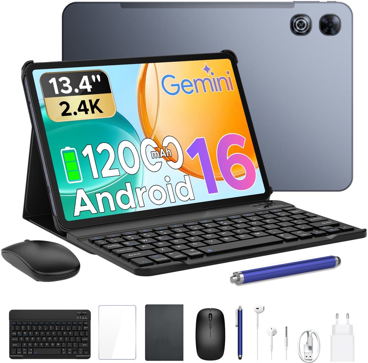 POCKAM P13 Tablets - 48 GB RAM 128 GB ROM - 13,4 inch 2,4K 120 Hz - Android 16 - Gemini AI - 12000 mAh/18 W - Face ID - Widevine L1 - 13 MP + 8 MP camera - Dubbele luidsprekers - Tablet met toetsenbord en pennenhouder - Grijs — afbeelding 1